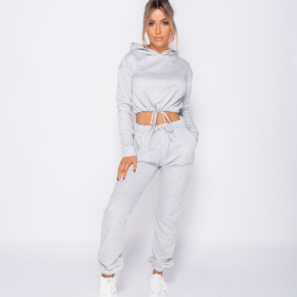 Jenna Heathered  Gray Cropped Drawstring Hoodie - Picture 2 of 7